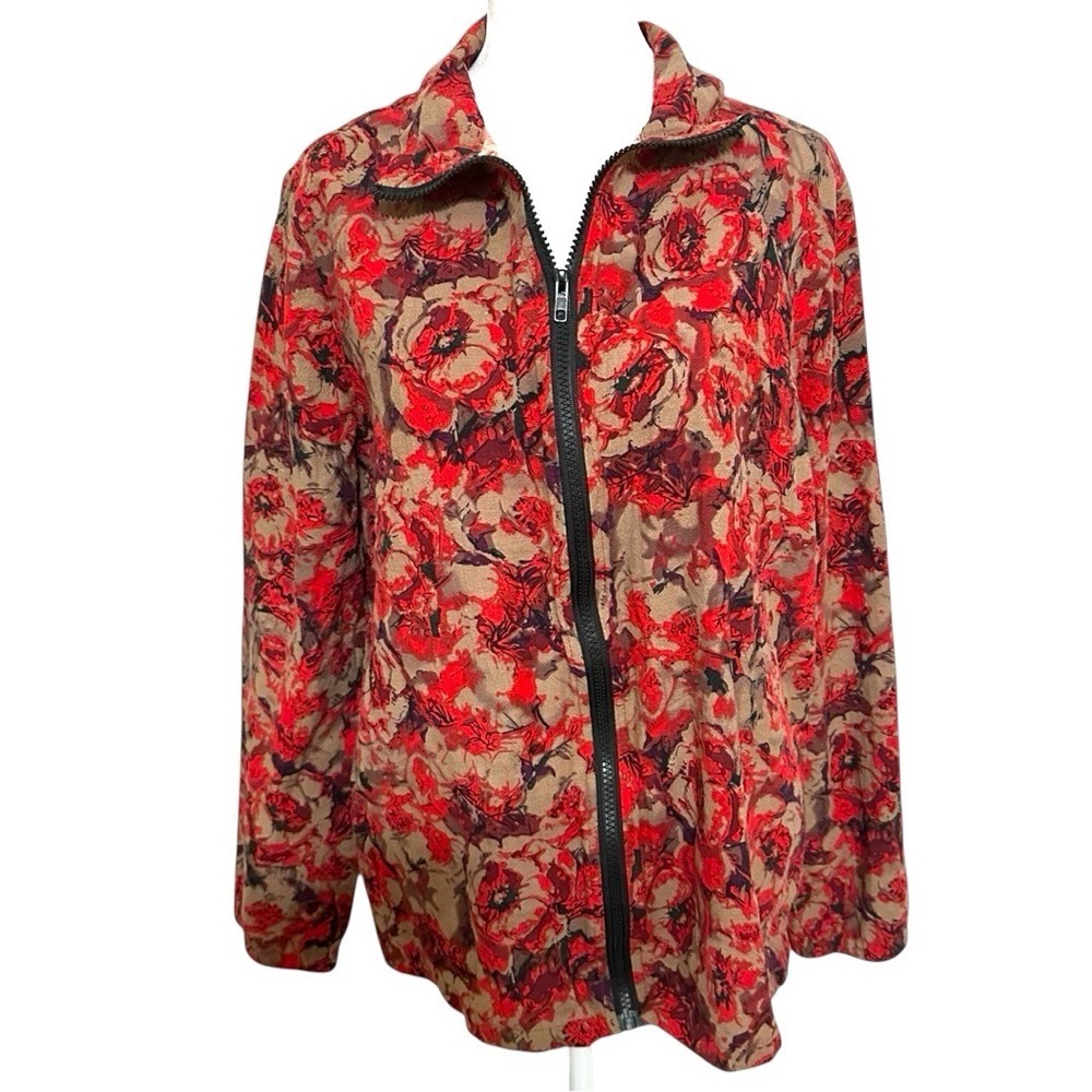 Emery Rose Women's Red Black Jacket High Collar Rose Floral Coastal Airy Size XL